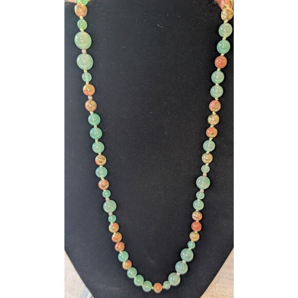 VTG 925 Sterling Silver India Stamped Jade Beaded Necklace Green Orange 33 Inch - Picture 3 of 5